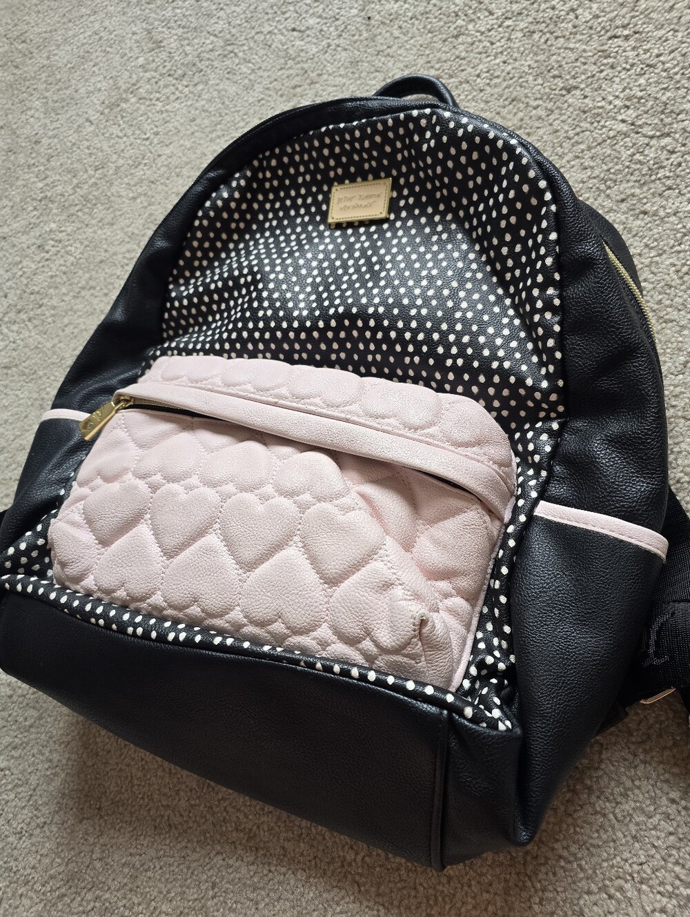 Betsey Johnson Backpack Pink Black DOTS Quilted Hearts Festival Travel Bag - Picture 3 of 16